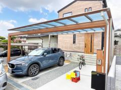 カーポート2台(ワイド) ツイン 三協アルミ 木製調 スカイリード 奥行勾配 両側支持 フラット屋根